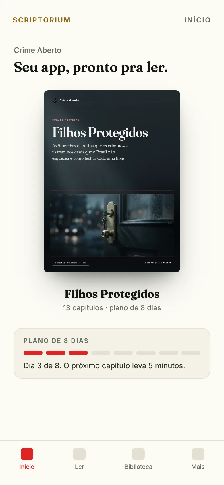 Capa do app: o ebook Filhos Protegidos aberto na tela Início, com o plano de 8 dias